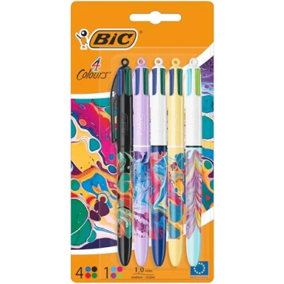 Bild av BIC 4 färger kulspetspenna set dekor botanik, olika mönster, 5 pack, påfyllningsbar, perfekt för kontoret, hemmakontoret eller skolan