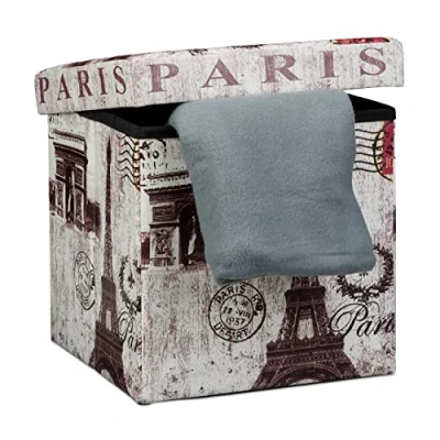 Bild av Relaxdays hopfällbar ottoman 38 cm robust sittkub med trendiga motiv som praktiskt fotstöd sammanvikbart fuskläder skydd för förvaringsbox puff avtagbart lock, Paris, flerfärgad, x