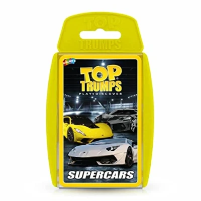 Bild av Top Trumps Supercars klassiskt kortspel, lär dig fakta om Aston Martin DBS, McLaren Senna och Bugatti Chiron i detta pedagogiska packade spel, gåvor leksaker för pojkar flickor åldern 6+