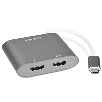 Bild av kwmobile USB typ C dubbel HDMI adapter 3.1 displayport till 2x 4k 30Hz multiport hubb 2 i 1 skärmdelare aluminiumram silver
