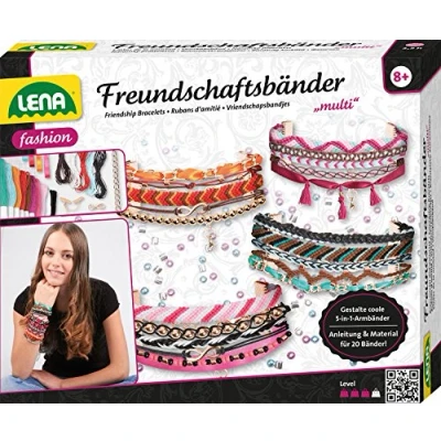 Bild av Lena 42117 Hantverk multivänskap stor, komplett 240 pärlor, satinband, tråd, sladdar, kedjor och lås, flätning set för barn från 8 år, 4 armband, flerfärgad