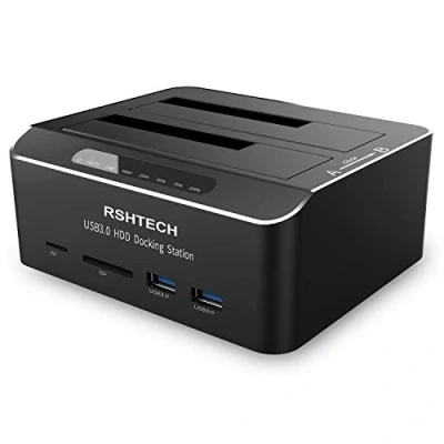 Bild av RSHTECH USB 3.0 Aluminium Hårddisk Dockningsstation Offline Klon för 2.5 &amp; 3.5 tum SATA HDD SSD, Hårddiskdockningsstation Stöder SD TF Kort, 2x16TB Enheter, 6 Gbit/s（RSH DS02）