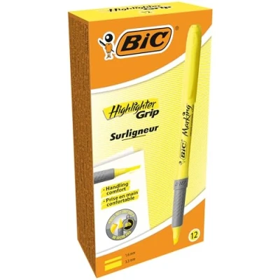 Bild av BIC Highlighter Grip, överstrykningspennor i gult med fasad spets, uttorkningsskydd, 12 pack