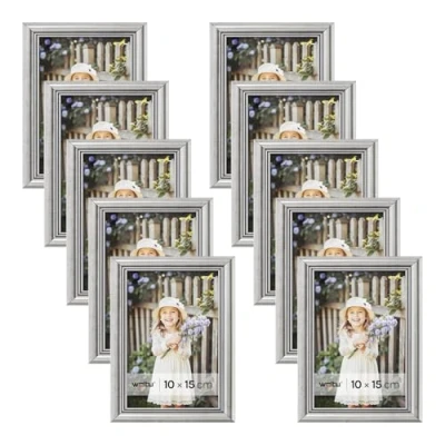 Bild av WOLTU Set med 10 fotoram x 15 cm, ram i massivt trä passepartout, kan hängas horisontellt eller vertikalt, väggdekoration på bord, silver