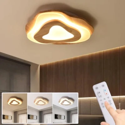 Bild av LED dimbar taklampa, trä, sovrum, taklampa med fjärrkontroll, Ø 40 cm, 36 W, oregelbunden rund barnrum, vardagsrum minnesfunktion/timing funktion, 3 000 6 K