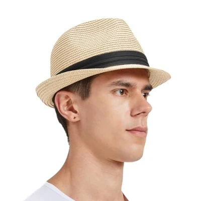 Bild av Zylioo S/M/L/XL/XXL Trilby Fedora stråhattar för stora/små huvuden, sommar roll up jazz strandhatt herr semester, Kubansk beige, S