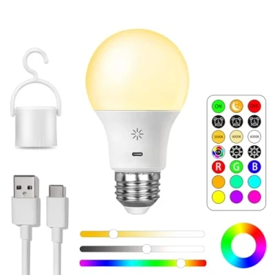Bild av Usb C Uppladdningsbar Batteri Glödlampa Med Fjärrkontroll, E27 Smart RGB Färgskiftande Glödlampa, 9+3 Färgtemperaturer, 8W LED Dimbar Touch Kontroll Lampa Timing Funktion, 2600mah, A19,1 pack