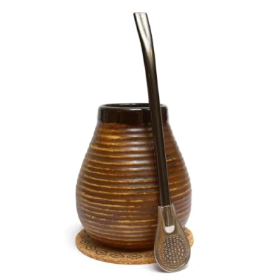 Bild av Mate Green Yerba te set ● keramisk mugg 350 ml Rostfritt stål sugrör Bombilla 19 cm Handgjord kalebass Matetee kopp Korkpad