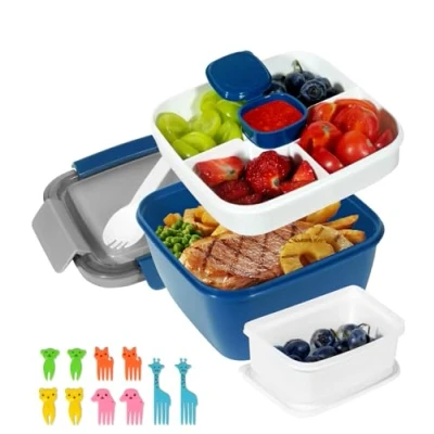 Bild av Bento Box Lunchbox, Läckagesäker Salladsbehållare, 1500ML Box, Snack för Barn Vuxna, återanvändbar Salladsbehållare med 3 Fack Skola, Arbete, Picknick, Resor, Camping (Blå)