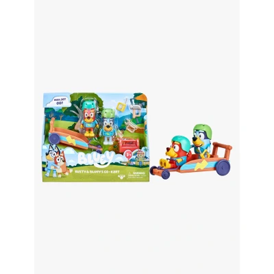 Bild av Bluey Rusty and Bluey&#039;s Go Kart Playset; officiella 6,3 7,6 cm samlarobjekt actionfigurer blå och rostiga med gokart, hjälmar, verktyg verktygslåda tillbehör