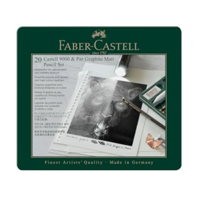 Bild av Faber Castell 115224 blyertspennset pitt grafit matt &amp; 9000, 20 delar, inklusive papperstorkare, suddgummi, knådningsraderare och pennvässare