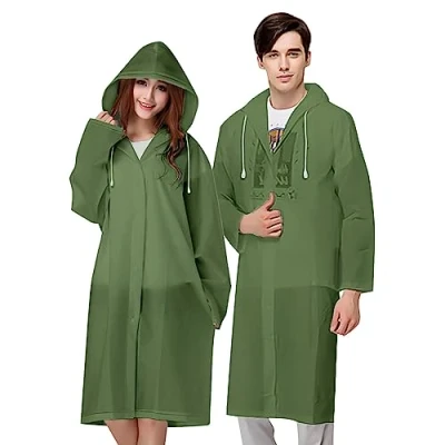 Bild av Vicloon Vattentät regnrock, 2 Pack Regnponcho Återanvändbar med huva och ärmar, Unisex EVA Poncho för resor, vandring utomhus, Grön armé, M