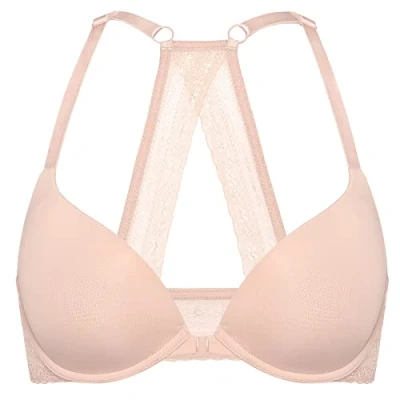 Bild av DOBREVA Dam Push Up Bh Racerback Front Stängning Bh:ar Plunge Bygel Tshirt Vadderad Spets Blush Beige 85B