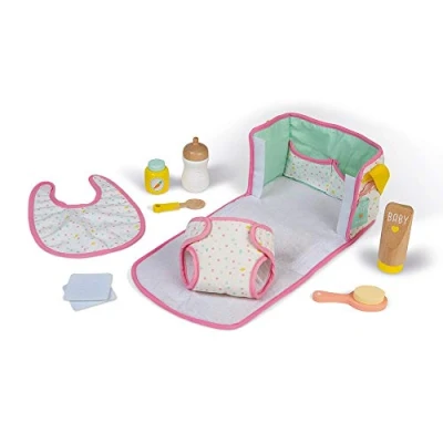 Bild av Janod Nursery Bag Wooden and Fabric Toy Baby Changing Folding Table 8 Accessories with Bib, Diaper, Bottle FSC Certified from 2 Years Old, J06501, White