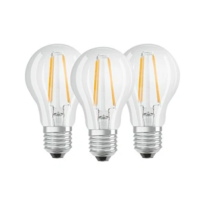 Bild av Osram LED Base Classic A glödlampa, lampform med E27 uttag, inte dimbar, ersätter 6,5 W = 60 watt, filamentstil klar, kall vit 4000 Kelvin, 3 pack [Energiklass ++]