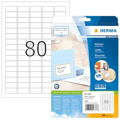 Bild av HERMA 4336 universella etiketter A4 små (35,6 x 16,9 mm, 25 ark, papper, matt) självhäftande, utskrivbara, permanenta adressetiketter, 2 000 klistermärken, vit