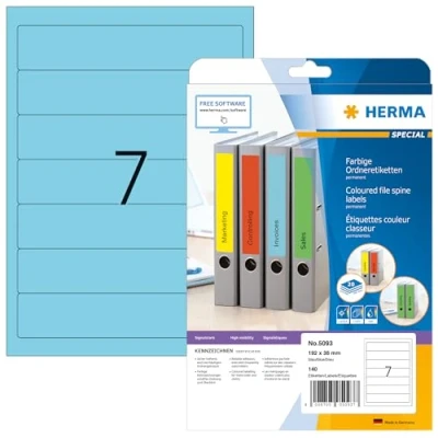 Bild av HERMA 5093 mappetiketter A4 kort/smal (192 x 38 mm, 20 ark, papper, matt) självhäftande, utskrivbara, permanenta mappa ryggetiketter, 140 filetiketter, blå