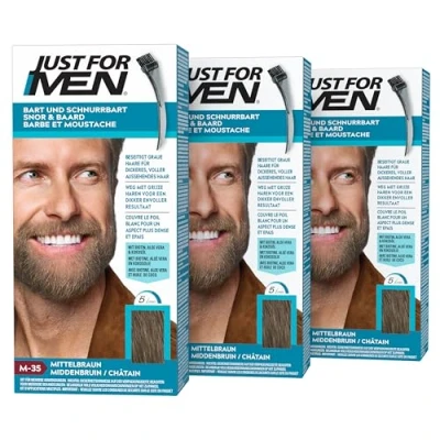 Bild av Just For Men mustasch &amp; skäggfärg mellanbrun, skäggfärg, nyans, eliminerar grått hår för ett fullare utseende, med applikatorborste M35 3 pack (3 x 28,4 g)
