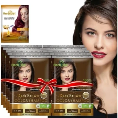 Bild av Herbishh Hair Color Shampoo for Gray HairNatural Dye with Argan MaskTravel size Colors in MinutesLong lasting colour10pack+1packAmmonia Free (Dark Brown)