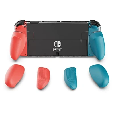 Bild av Skull &amp; Co. GripCase OLED for Nintendo Switch Model: A Dockable Transparent Protective Cover Case with Interchangeable Grips [to fit All Hands Sizes] [No Carrying Case] Neon Blue(L)+Neon Red(R)