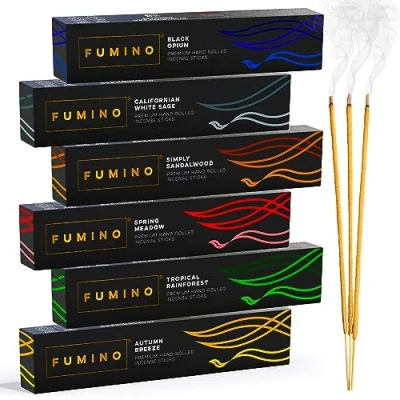 Bild av Fumino Fresh handgjorda rökelsepinnar multipack nödvändighets paket 6 lådor 84 pinnar (90 g) Masala Agarbatti Joss doftdoft för avkoppling och meditation, hem husdekor