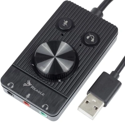 Bild av Reagle Externt USB ljudkort 48 kHz/16 bitars ljud, 3,5 mm teleportar, Plug &amp; Play, volymkontroll, mikrofon och hörlurar stumavstängning, kompatibel med Windows, Mac OS, Linux