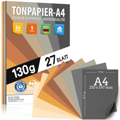 Bild av Tonpapper 27 ark skrivarpapper A4 130 g natur, gul, sol, sand, brun, ockra premium otryckt för vykort, brev, blå ENGEL och PEFC certifierat tillverkat i Tyskland