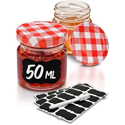 Bild av Praknu 24 miniglas med lock 50 ml etiketter och penna lufttäta burkar att ge bort för sylt honung