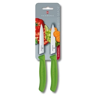 Bild av Victorinox, Swiss Classic, Profi Gemüsemesser Set, 2 Stück, Extra Scharfe Klinge, Mittelspitz, 10 cm, Robuster Kunststoffgriff, Rostfreier Stahl, grün