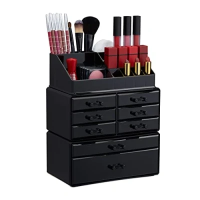 Bild av Relaxdays Make Up Organizer med lådor, stapelbart smyckeskrin för smink, akryl sminkförvaring, svart