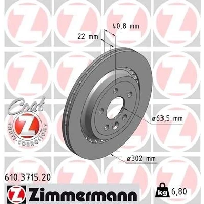 Bild av ZIMMERMANN COAT Z 610.3715.20 Disque de frein 302 22 6/5 5 108 ventilé l&#039;intérieur revêtu VOLVO: V60 I, S60 II, XC70 II Break