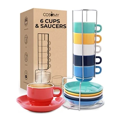 Bild av Cosumy Espressokoppar med stativ Set 6 st inkl. underlägg stapelbara diskmaskinssäkra keramiska färger 75 ml