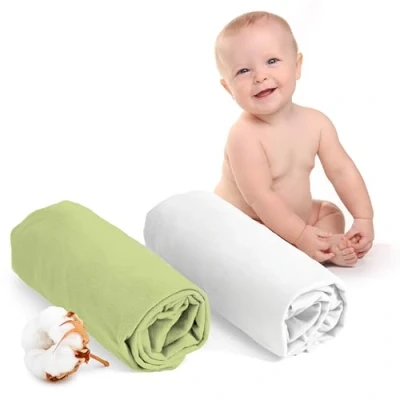 Bild av 2 ST JERSEY BOMULLSDRAPERIER För Madrass Set of (70 x 140 12 cm), Babysäng, Certifierade Fria Från Kemiska Produkter (OEKO TEX), Vit och Grönt, Spännlakan Med Elastik