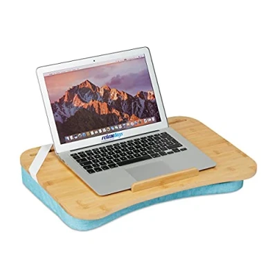 Bild av Relaxdays Laptopkudde, bambu, minnesskumkudde, B x D: 51 36 cm, bärhandtag, kudde bricka säng &amp; soffa, natur/blå