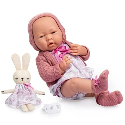 Bild av JC TOYS La Newborn dockan nyfödd 38 cm, tillverkad av mjuk vinyl, kunglig kollektion, kläder med jouy design, napp och plysch, flicka, rosa, designad i Spanien Berenguer, 2 år