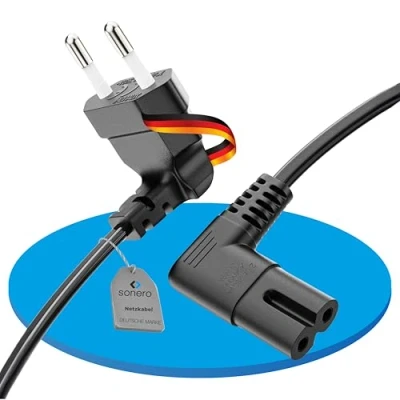 Bild av Sonero strömkabel 2 stifts strömkabel, 0,50 m, Eurokontakt typ C till IEC uttag C7 Europlug 8, 90 vinkelkabel för TV, PS5, PS4, PS3, svart