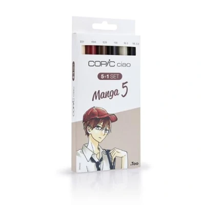 Bild av COPIC Ciao märkpenna 5 + 1 set &quot;Manga 5&quot;, alkoholbaserade allround layoutmärkpennor med en medelbred och penselspets, inkl. multiliner 0,3 mm
