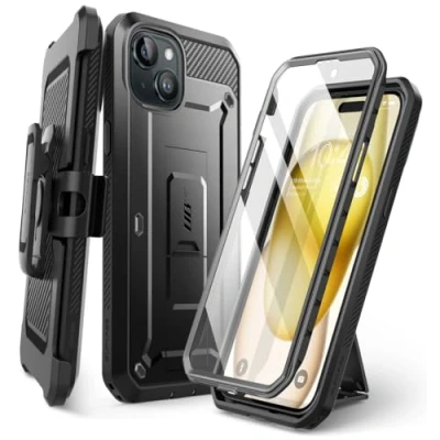 Bild av SUPCASE för iPhone 15 fodral med skärmskydd, [Unicorn Beetle Pro] [Inbyggt stativ och bälte] [Militärt skydd] 360 helkroppsskydd kraftigt telefonfodral (2023), svart