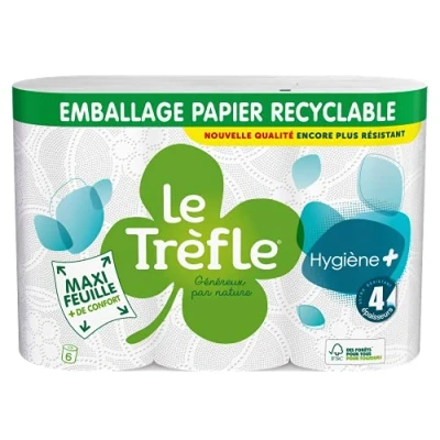 Bild av Le Trefle Hygiene + Toalettpapper x 6 rullar 4 tjocklekar ultimat komfort anmärkningsvärd mjukhet maxiark återvinningsbar förpackning FSC® certifierad blandad