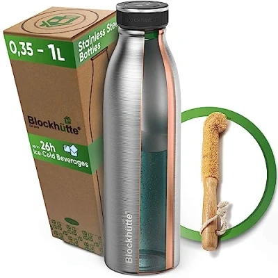 Bild av Blockhütte Rostfritt stål vattenflaska sport med ett lock I 750 ml isolerad läckagesäker borste 13 h varm, 25 kalla drycker Ideal BPA fri metall gym, utomhusvattenflaska