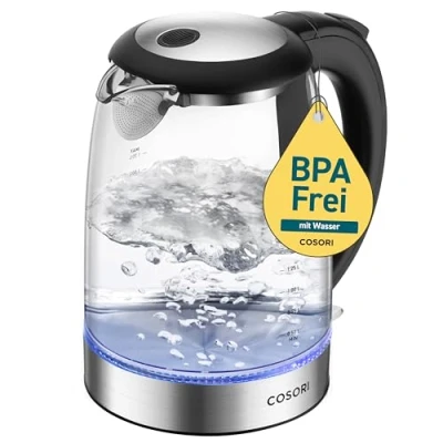 Bild av COSORI Vattenkokare glas med uppgradering rostfritt stål filter och innerlock, BPA fritt, 1,7 liter, kedja blå LED, torrskydd, 2 200 watt, snabb uppvärmning