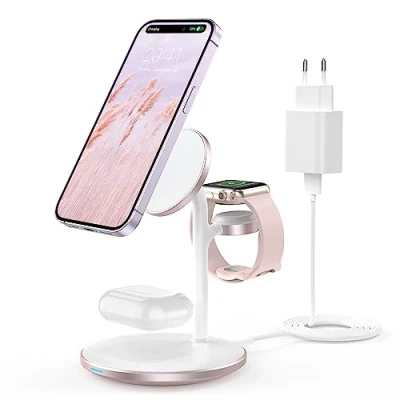 Bild av 3 i 1 induktiv laddningsstation för flera enheter, 15 W trådlös laddningsstation, laddare, kompatibel med Mag Safe laddare iPhone 14 13 12 Pro Max Plus Pro, iWatch Ultra/8/7/SE/6/5,