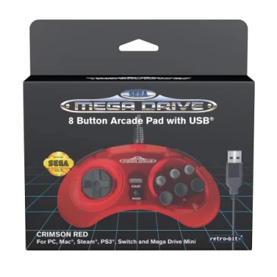 Bild av Retro Bit Official Sega Mega Drive USB Controller 8 Button Arcade Pad for Genesis Mini, Switch, PC, Mac, Steam, RetroPie, Raspberry Pi Port (Crimson Red) (Nintendo Switch/)