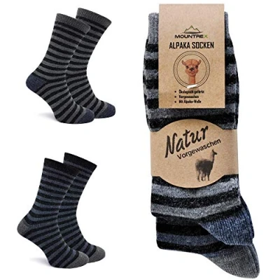 Bild av MOUNTREX® Alpacka strumpor, ullstrumpor för kvinnor och män vinterstrumpor, varma husstrumpor, termostrumpor tunna gosiga strumpor 2 par, Jeans/grå (med randig), 43 46 EU