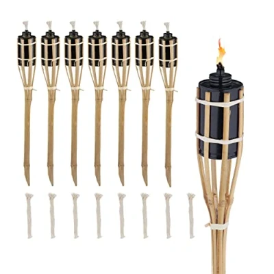 Bild av Relaxdays Uppsättning av 8 oljeficklampor för trädgården, med utbytbara vekar, bambu och järn, utomhusfestflammor, H x Ø: 50 6 cm, naturlig