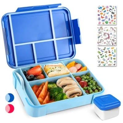Bild av PUWOWYE lunchlåda för barn med fack, bentolåda barn, 1 330 ml läckagesäker flickor och pojkar, lämplig skola, dagis utflykter, BPA fri (blå)