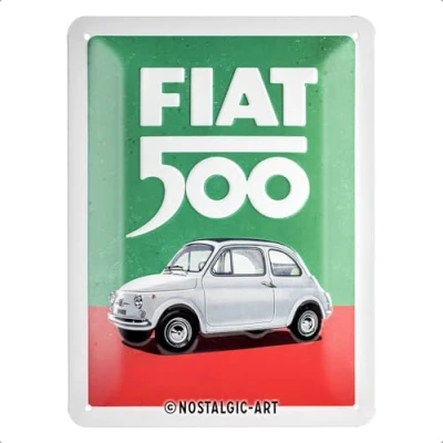 Bild av Nostalgic Art Plåtskylt i retrostil, Fiat 500 Italian Colours Presentidé för bilälskare, av metall, Deko vintagedesign, 15 x 20 cm