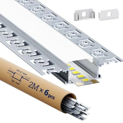 Bild av HOOLED Aluminium profiler för LED remsor 1 m x 6 st (6m), rektangulärt tvärsnitt sidlängd 28 mm 13,8 (fenor 64,2 mm), Med matt ogenomskinligt PC lock, maximal bredd remsa 20,7 (SP44)