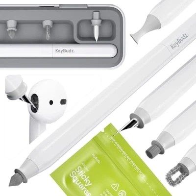 Bild av KeyBudz AirCare 2.0 AirPods rengöringsset/patenterad multitoolrengöring, utbytbara borstfästen för AirPods, iPhone och Apple enheter med rengöringslera hårt skal förvaringspåse
