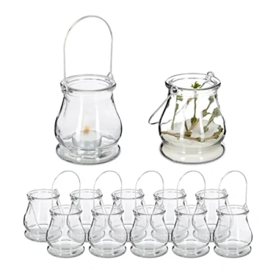 Bild av Relaxdays Vindlampa, set om 12 av glas, handtag för upphängning, inomhus och utomhus, värmeljushållare, H x D 10 8,5 cm, transparent